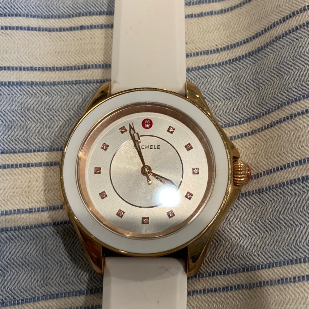 Michelle cape white Silicone, strap watch With pink topaz dial markers